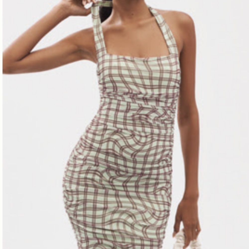 AFRM Checkered Halter Mini Dress in Green and Brown